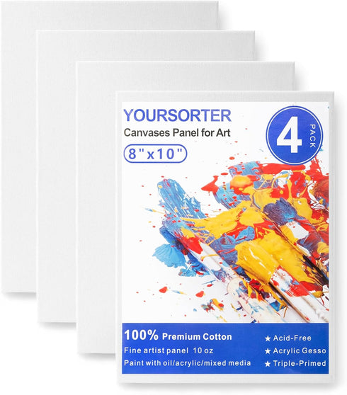 Canvas Boards 4 Pack, 8x10inch Blank Canvases for Painting, Gesso Primed Acid-Free 100% Cotton Painting Canvas Panels for Acrylic Oil Tempera Wate...
