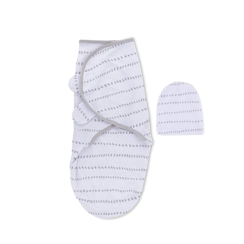 Adjustable Swaddle and Beanie Set Jersey Knit Cotton for Baby Boy Or Baby Girl from 0-3 Months, Grey Dotted Stripes...