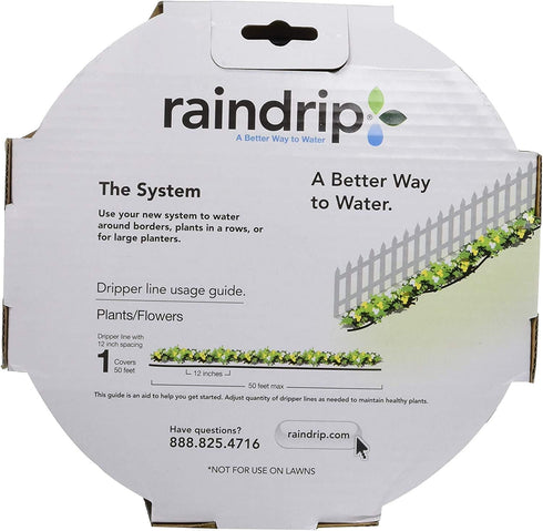 Raindrip R280DT Drip-A-Long™ 1/4 in. Dripline Kit includes 50 feet of 1/4-Inch Dripline preassembled with 1/2 GPH drippers, 5 Barbed Tees, 5 Barbe...