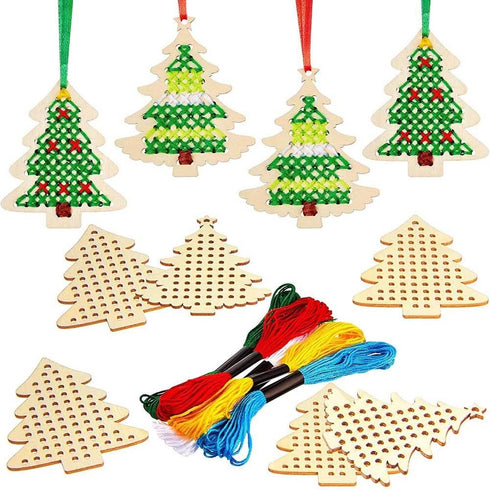 10 pcs Christmas Wooden Cross Stitch Kits Cross Stitch Wood Ornaments Christmas Hanging Decors Craft Christmas Decorations for Christmas Tree Deco...
