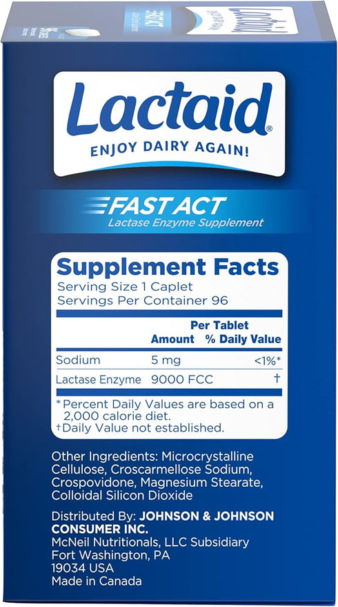 Lactaid Fast Act Lactose Intolerance Caplets with Lactase Enzyme to Prevent Gas, Bloating & Diarrhea Due to Digesting Dairy, Ideal for Travel & On...