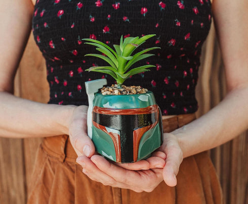 Star Wars Boba Fett Helmet 3-Inch Ceramic Planter with Artificial Succulent | Small Flower Pot, Faux Indoor Plant for Desk Shelf, Trinket Tray | C...