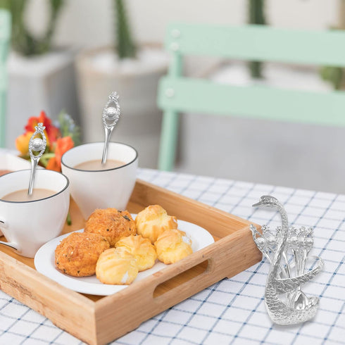 Metal Coffee Dessert Spoon Set, Swan Base Holder Spoon Organizer with 6pcs Spoons for Coffee, Fruit,Dessert,Stirring, Mixing, Sugar, Stir, Ice Cre...