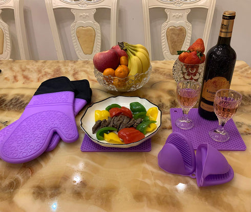 Silicone Oven Mitts and Pot Holders Sets, MTZRFLL Extra Long Heat Resistant Oven Gloves with Hot Pads and Mini Oven Mits Set for Kitchen Cooking B...