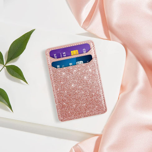 Glitter Self Adhesive Card Holders for Back of Phone, Leather RFID Phone Wallet Pockets Stick On, Credit Card Holders Sleeve for Phone Case, Rose ...