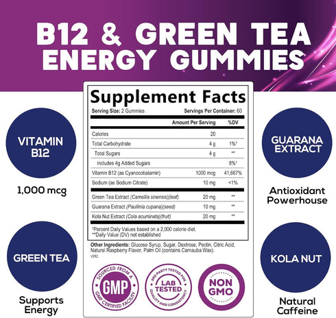 Energy Gummies Vitamin B12, Green Tea & Natural Caffeine Support, Extra Strength 1000 mcg Daily Energy Vitamins, Delicious Berry Flavor Gummy Chew...