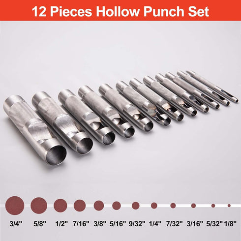 Spurtar 12 PCS Steel Hollow Leather Punch Set 1/8''-3/4''(3-19mm) Heavy Duty Round Hole Punch Set Leather Hole Tool for Watch Cloth Belt Gaskets w...