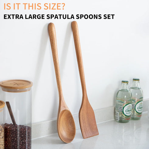 2PCS Long Handle Gigantic Spatula Spoon Premium Acacia Wooden Spoons For Cooking 17''Large Soliod Wooden Cooking Spoons Smooth Finish in Large Sty...