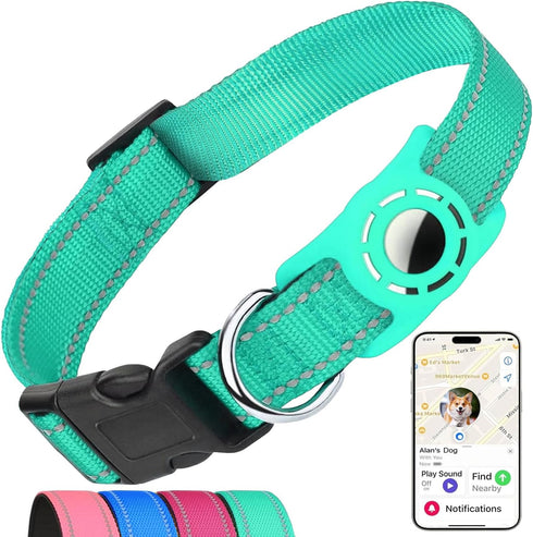 Airtag Dog Collar for Small Dogs, Reflective Dog Collars with Silicone AirTag Holder, Nylon Adjustable Dog Collars for Medium Large Dogs, Teal...