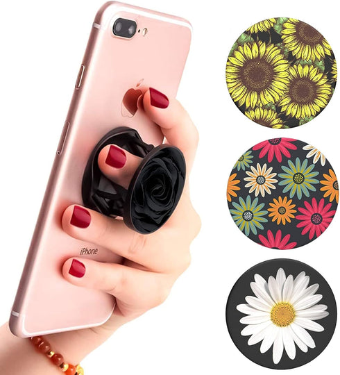Multi-Function Cell Phone Stand, Sunflower Modern Grey Florals White Daisy Expanding Stand Grip for Smartphones and Tablets (4 Pack)...