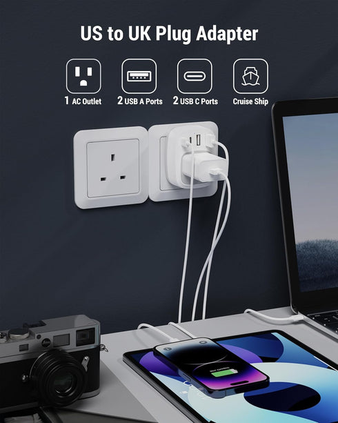 US to UK Ireland Travel Plug Adapter, Type G International Power Adapter with 1 AC Outlet 4 USB Ports (2 USB C), European Plug Converter for USA t...