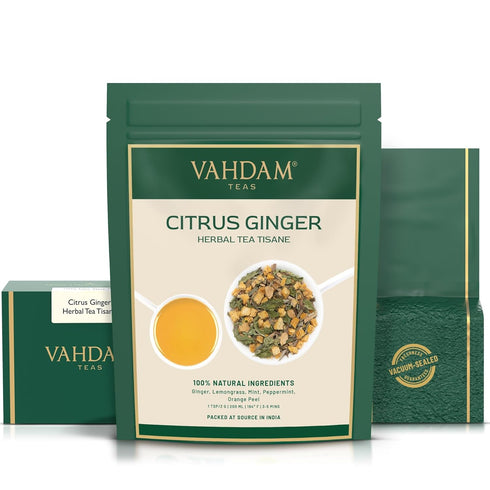 VAHDAM, Citrus Ginger Herbal Tea Tisane (50 Cups, 3.53 oz) Gluten Free, Non GMO | Ginger, Lemongrass, Orange Peels, Mint | Herbal Tea Loose Leaf |...