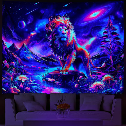 Blacklight Lion Tapestry Trippy Galaxy Space Tapestry UV Reactive Mountain Tapestry Hippie Neon Flowers Plants Wall Tapestry Magic River Landscape...