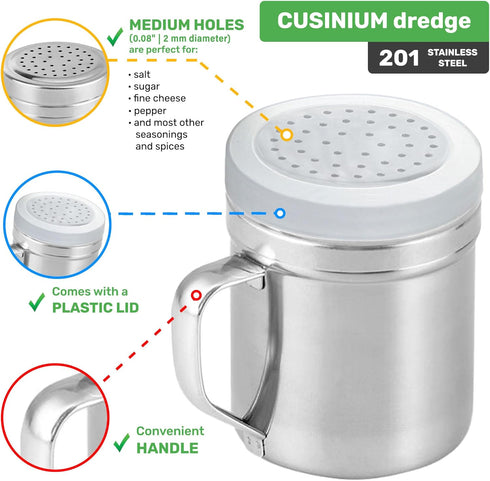 CUSINIUM Metal Salt Pepper Dredge Shakers - With Handle - Seasonings Spice Shakers With Holes and Lids - 10 Ounce, 2pcs | Style: Medium...