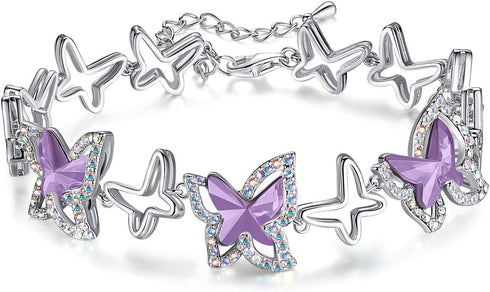 Butterfly Link Charm Bracelet with Premium Birthstone Crystal, Silver-Tone, 7”+2” Chain...