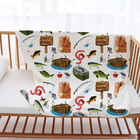 Fishing Baby Blanket for Boys, Gone Fishing Themed Toddler Soft Minky Blanket with Double Layer Dotted Backing, Newborn Nursery Baby Crib Receivin...