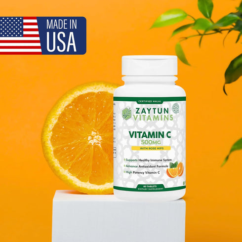 Halal Vitamin C 500mg Tablets with Rose Hips Supports Immune System, Natural Antioxidant with Citrus Bioflavonoids - Vegan - Gluten-Free - 2 Month...