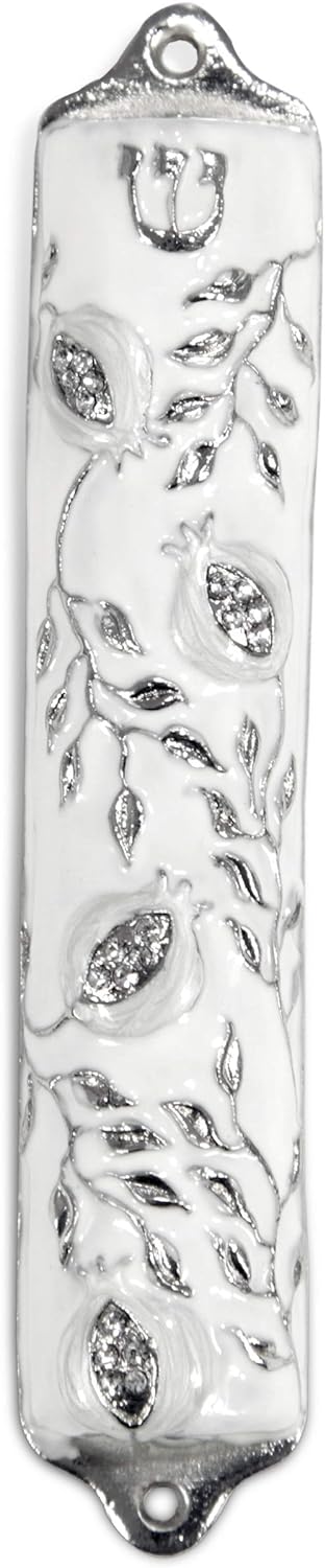 Mezuzah Case - Mezuzah Cover, Pomegranate Tree Design Crafted in Pewter, Jerusalem Judaica, Door Mezuza Case 4" White Wedding Color...