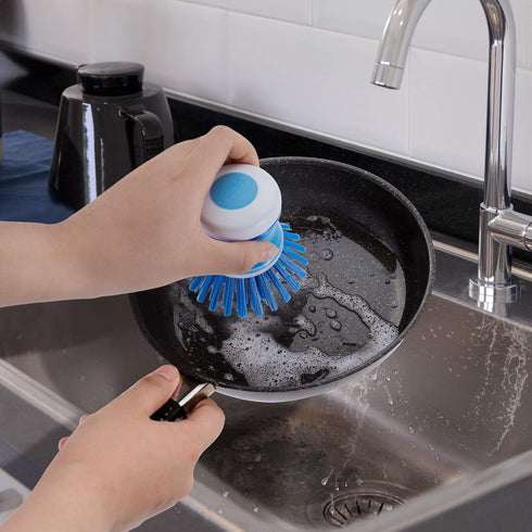 Dish Brush with Soap Dispenser for Dishes Pot Pan Kitchen Sink Scrubbing, Blue 2pcs...