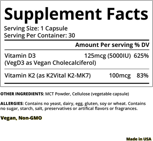 Vitamin D3 K2 with MCT, 5000 IU Vegan D3 & 100 mcg MK7 K2, Support Strong Bones and Immune Health - 30 Capsules (30 Days Supply)...