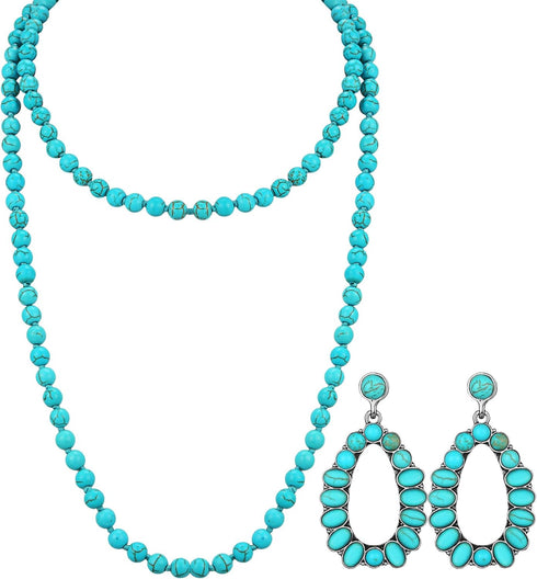 Bonuci Women Necklace Set Long Turquoise Beads Endless Vintage Jewelry Simulated Collar Western Necklace Cute Turquoise Jewelry Earring Accessorie...
