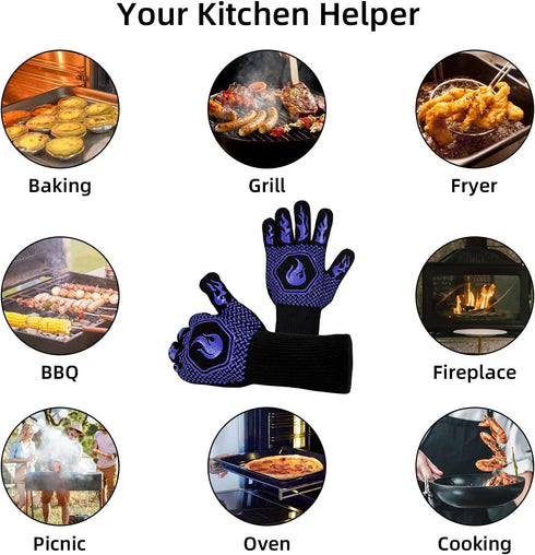 BBQ Fireproof Gloves, Grill Cut-Resistant Gloves 1472°F Heat Resistant Gloves, Non-Slip Silicone Oven Gloves, Kitchen Safe Cooking Gloves for Oven...