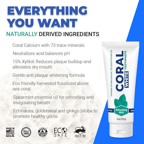 Coral White - Coral White Mint Toothpaste Natural Fluoride SLS Free Coral Calcium Remineralizing Toothpaste 4 Ounce (3 Pack)...