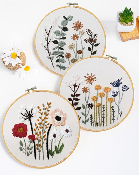 Santune 3 Sets Embroidery Kit,Cross Stitch Kits for Beginners,Needlepoint Kits for Adults with Easy Stamped Floral Pattern Fabric Hand Crafts,Hoop...