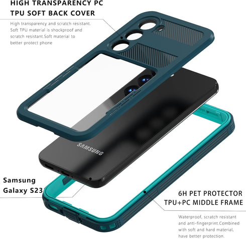 Samsung Galaxy S23 Waterproof Case, Built-in Screen Protector, IP68 Shockproof Full-Sealed Rugged Cover 6.1" - Clear Blue...