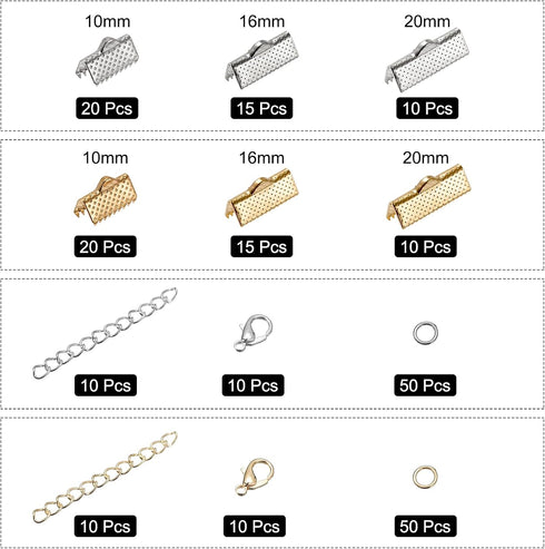 uxcell Jewelry Making Kit, 10/16/20mm Ribbon Crimp Clamp Ends, Bookmark Pinch with Jump Rings, Lobster Clasps, and Extension Chains for DIY Ribbon...