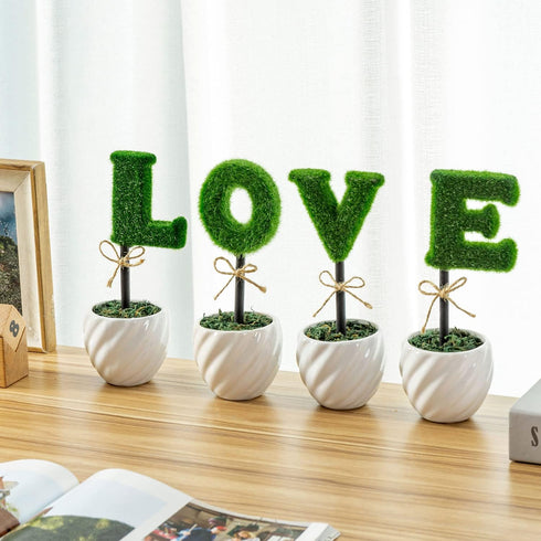 MyGift Decorative L-O-V-E Letter Shaped Small Faux Topiary Trees in White Ceramic Pots, Indoor Artificial Plants Sculpted Love Hedge Gift for Mom,...