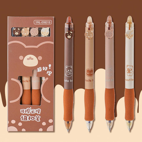 4 Pcs Erasable Gel Ink Pens Retractable Pens Cute Bear Pens 0.5mm Fine Point Pen Office School Pens Women Girls Pens (Black Ink-Coffee Bear)...