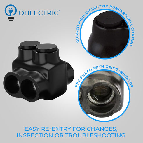 OHLECTRIC Black Insulated Electrical Power Single Side Entry connector- 1/0-14" Wire Range -Slotted Hex Screw -Rugged Di-Electric Rubber/Vinyl Coa...