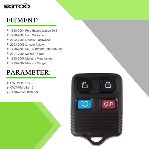 SCITOO Key Fob Keyless Entry Remote Shell Case & Pad 2X4 Button fit for Ford for Mercury for Mazda for Lincoln 98-16 CWTWB1U331-9...