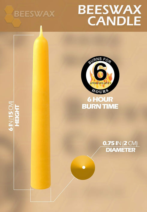Hyoola 6" Beeswax Taper Candles - 6 Hour Burn Time - Yellow Beeswax Candles - 2 Pack...