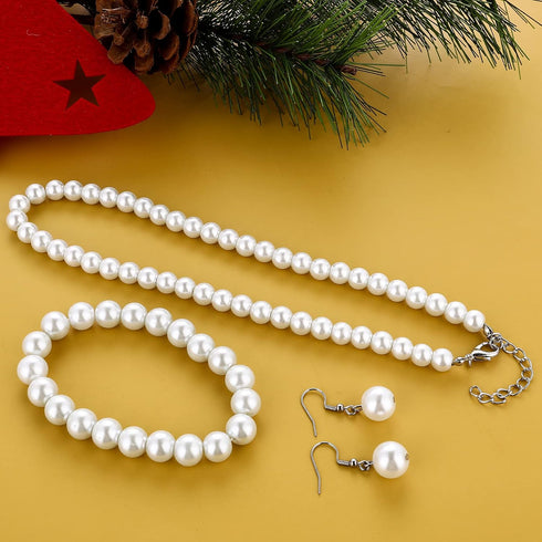 Faux Pearl Jewelry Set Simulated Pearl Necklace Bracelet Earrings for Women Birthday Christmas Gift...