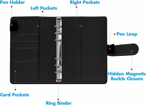 PU Leather Budget Binder Notebook Planner with 40 Pages Loose-Leaf Filler Paper, Stainless Ring Binder, 6 Zipper Bags, 10 Category Stickers, 2 Pen...