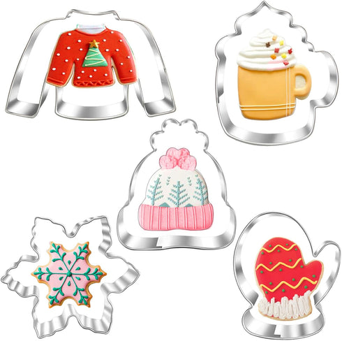 New Winter Christmas Cookie Cutter Set-5 Piece-Ugly Sweater, Hat, Mitten, Snowflake, Coffee Mug Cookie Fondant Biscui Cutters for Ugly Vintage Chr...
