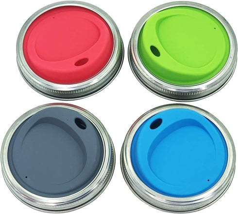 Reusable Food Grade and BPA Free Silicone Sip Coffee Juice Drinking Lid Kit with Stainless Steel Rings for Mason, Ball, Canning Jars, Pack of 4 Se...