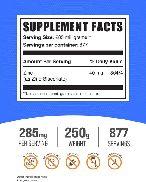 BulkSupplements.com Zinc Gluconate Powder - Zinc 40mg, Zinc Powder - Zinc Supplement for Immune Support - Gluten Free, 285mg per Serving, 250g (8....