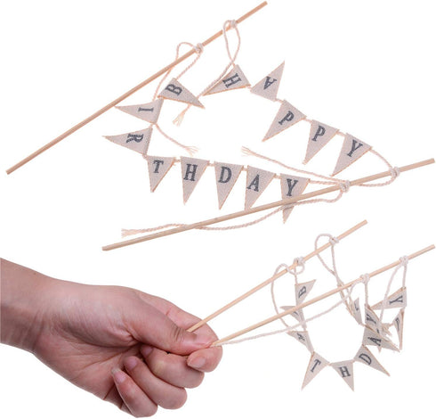 LOCOLO Happy Birthday Cake Toppers, Ivory Cake Topper with Wooden Sticks, Party Decoration Supplies Cake Toppers Happy Birthday...