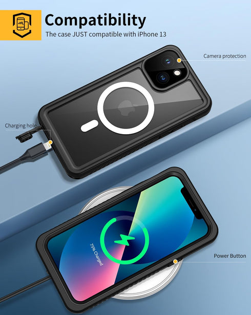 Lanhiem for iPhone 13 Magnetic Case, Waterproof Dustproof Shockproof Case with Built-in Screen Protector Compatible with Magsafe, Full Body Protec...