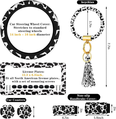 Tallew 7 Pieces Cow Print Car Accessories Set Include Steering Wheel Cover License Plate Frame with Screws Cup Holders Keyring Bracelet Handbrake ...