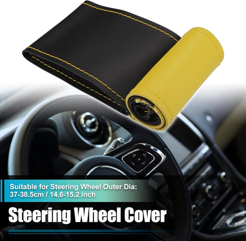 uxcell Yellow Black Fit 14.6-15.2 Inch 37-38.5cm Dia Car Hand Sewn Yellow Stitches Steering Wheel Cover Universal Stitch on Wrap Comfortable Faux ...