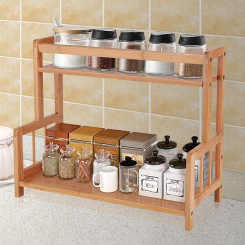 Ufine 2 Tier Bamboo Spice Rack Organizer Kitchen Countertop Storage Shelf Free Standing Holder Under Cabinet Bathroom for Various Bottles, Jars, S...