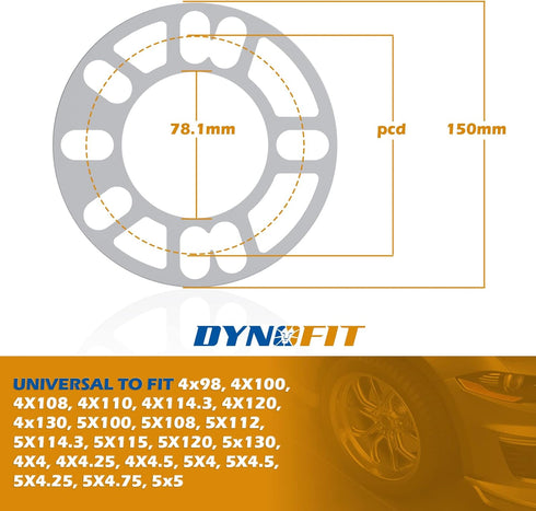 dynofit Universal 5mm Wheel Spacers for 98-120 Multiple Bolts Pattern, Pack of 4 Thin Aluminum Shims Hubcentric Spacer for 4 Lug and 5 Lug Wheels/...