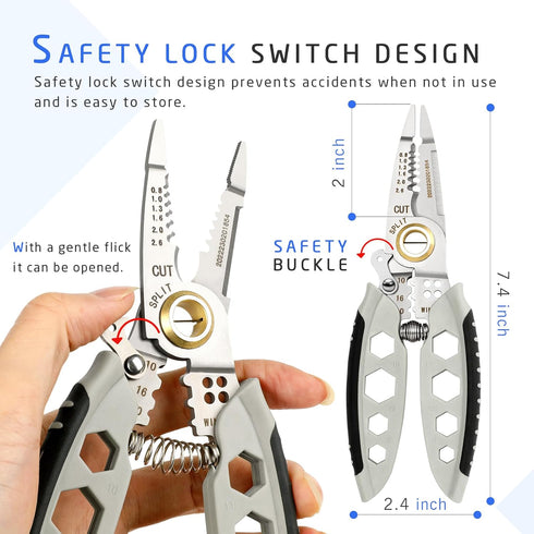 Wire Stripper Cutter Crimper Hexagonal Wrench Tool - 7 Inch, Professional Electrical Multi-Function Hand Tool, 9 in 1 Wire Stripping, Cutting, Cri...