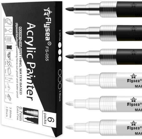EBOT Acrylic Paint Pen White Black, 6 Pack Black Paint Markers for Rock Wood Fabric Plastic Leather Glass Stone Metal Canvas,Water-Based Acrylic P...
