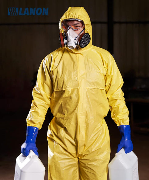 LANON PVC Chemical Resistant Gloves, Heavy-Duty Rubber Gloves, Acid, Alkali and Oil Protection, Non-Slip, Blue, Large...