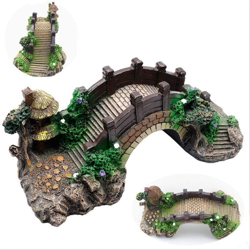 Saim Pavilion Tree Fish Tank Decoration, Resin Arch Bridge Pavilion Tree Aquarium Garden Decor Fish Tank Landscape Ornament,Medium...